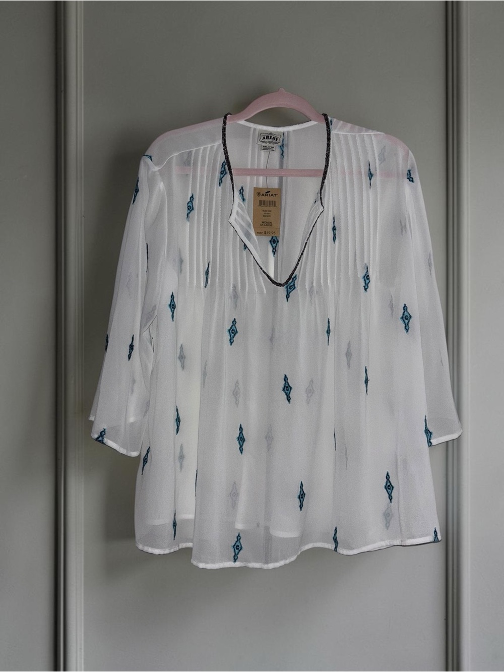 Ariat Women XXL White Turquoise Embroidered Sheer Western Boho Blouse NWT